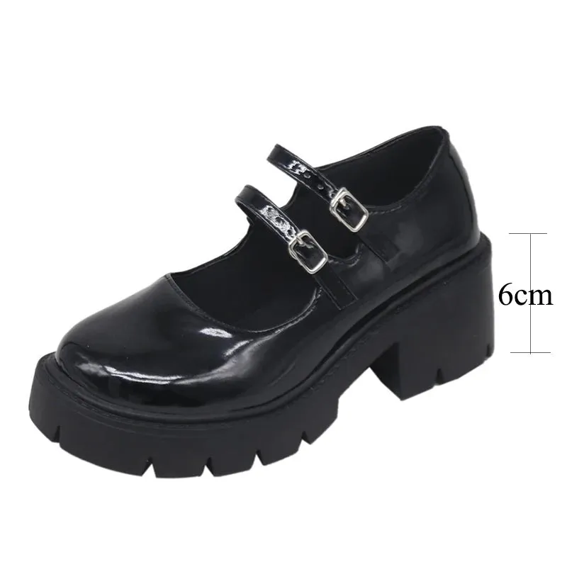 Hnzxzm New Black High Heels Shoes Women Pumps Fashion Patent Leather Platform Shoes Woman Round Toe Mary Jane Shoes