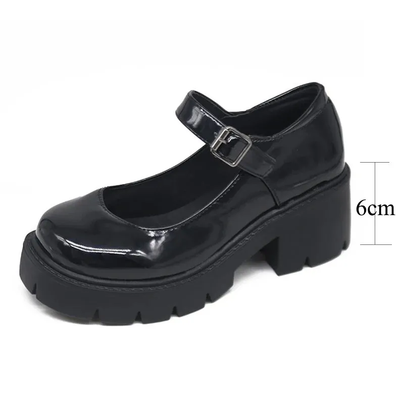 Hnzxzm New Black High Heels Shoes Women Pumps Fashion Patent Leather Platform Shoes Woman Round Toe Mary Jane Shoes