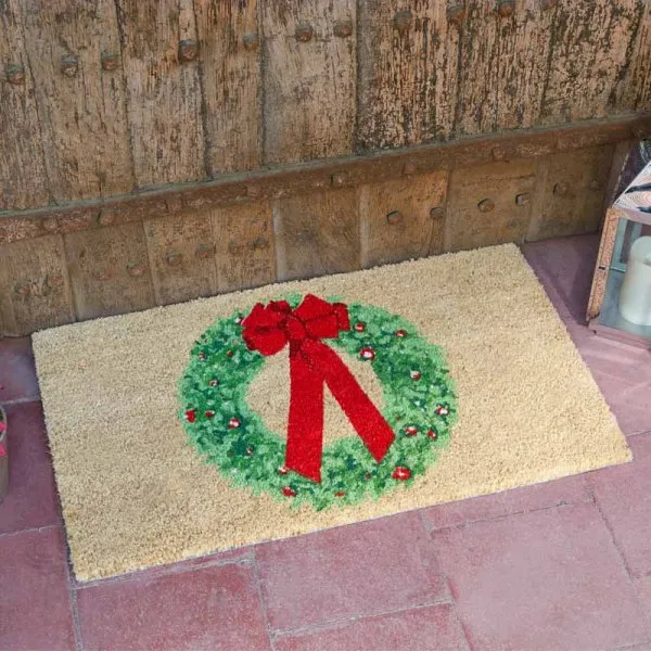 Holly Ribbon Wreath Decoir Christmas Doormat - 45 x 75cm