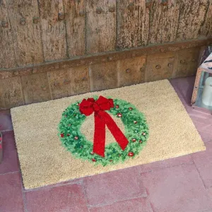 Holly Ribbon Wreath Decoir Christmas Doormat - 45 x 75cm
