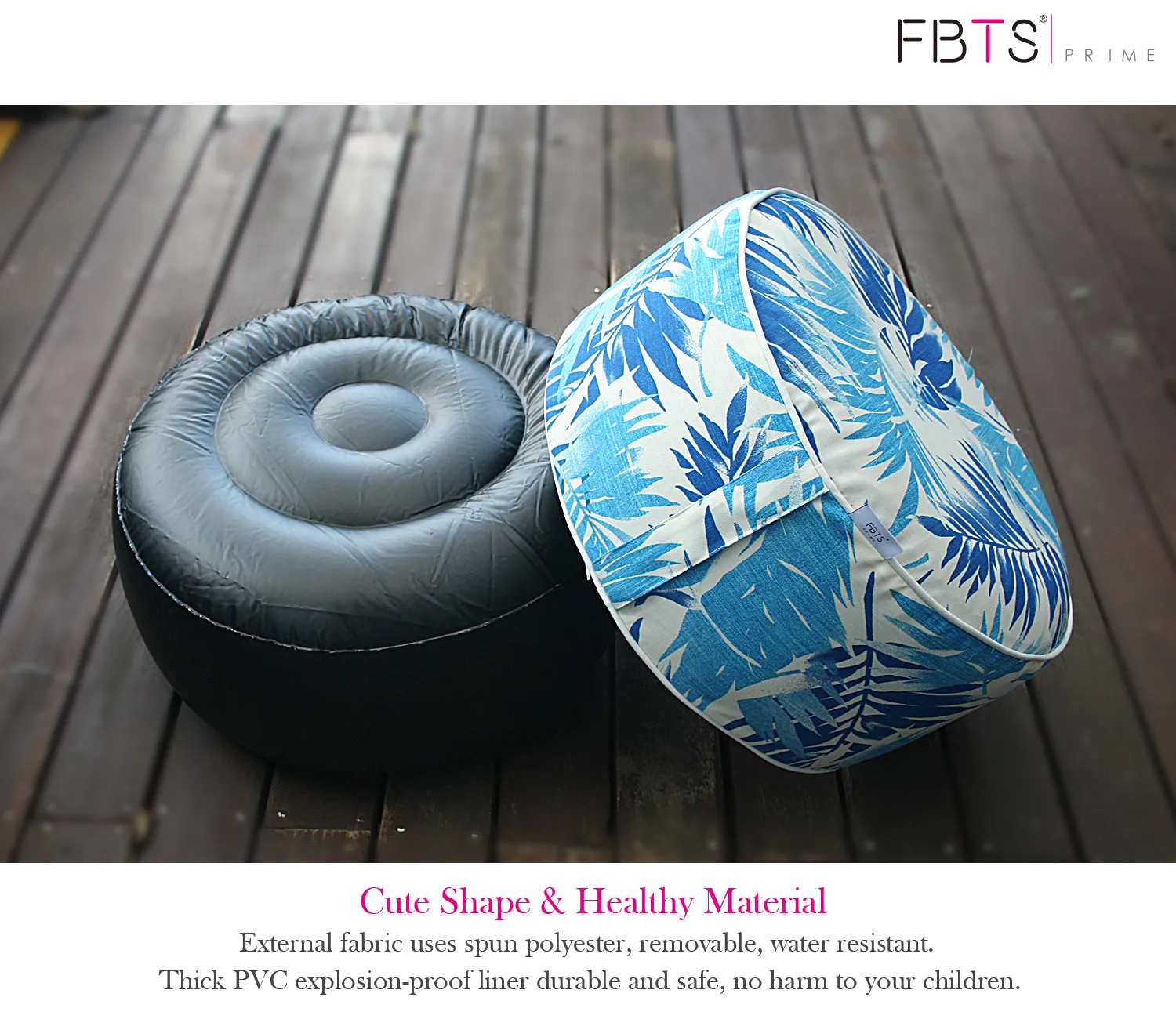 Outdoor Inflatable Ottoman Blue Leaf Round 21x9 Inch Patio Foot Stools and Ottomans