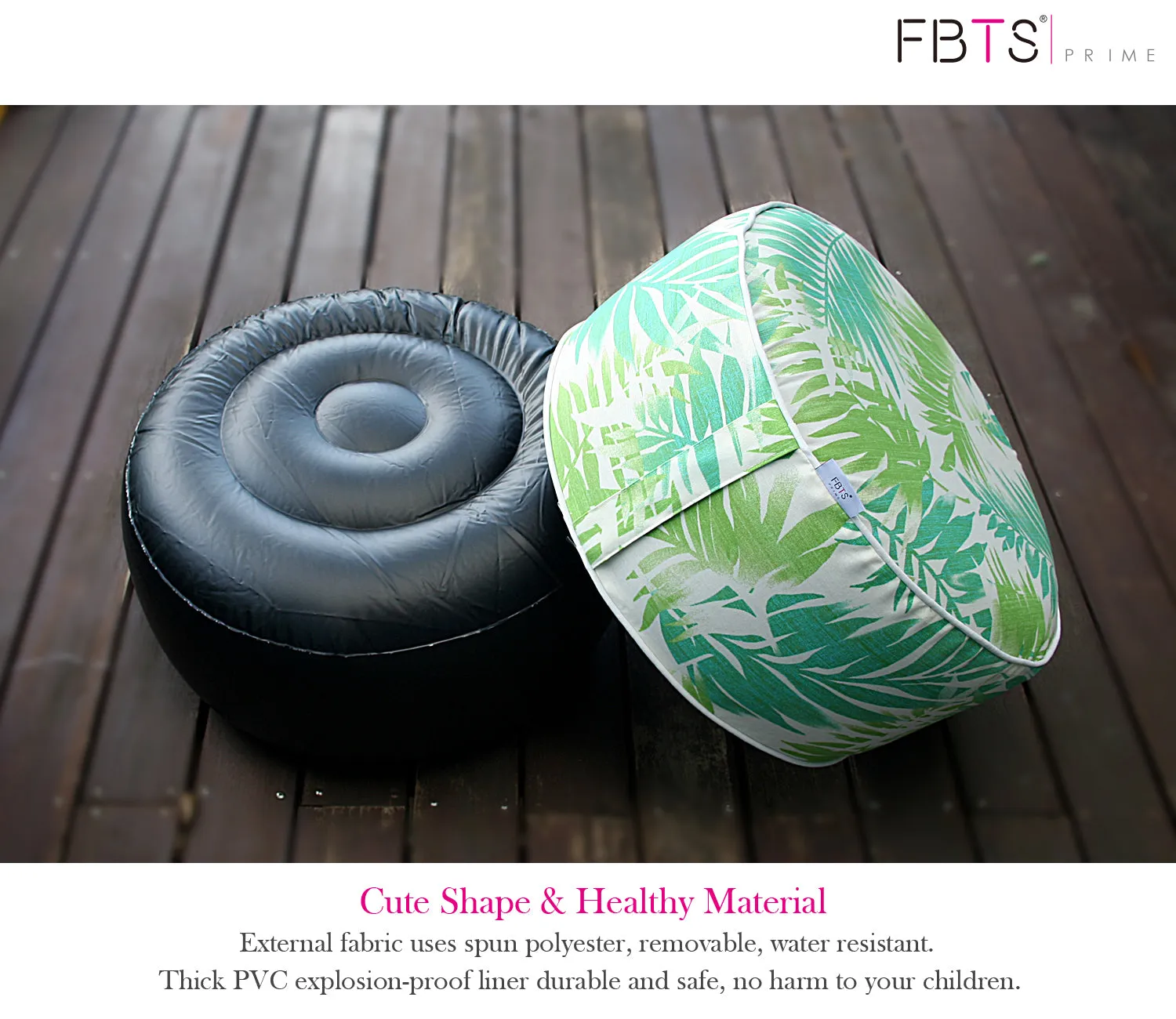 Outdoor Inflatable Ottoman Green Leaf Round 21x9 Inch Patio Foot Stools and Ottomans