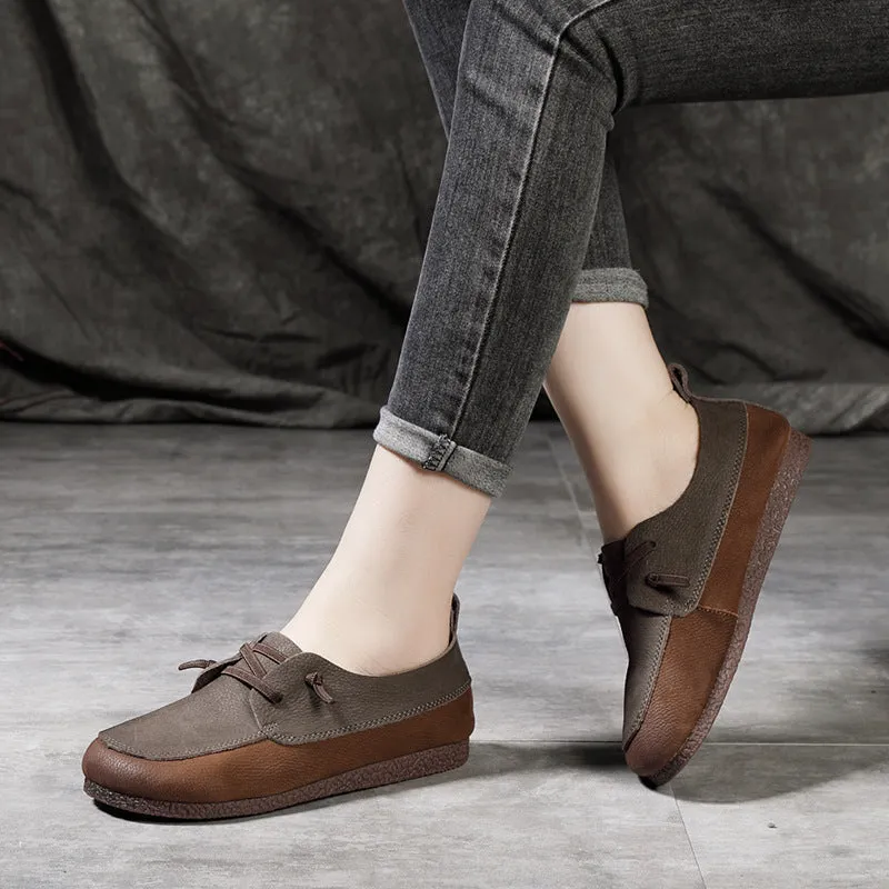 Retro Color-Block Stitching Leather Casual Flats Shoes 35-41