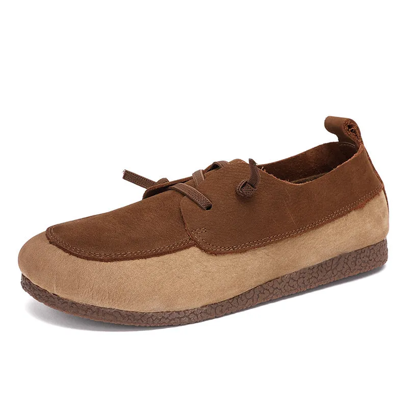 Retro Color-Block Stitching Leather Casual Flats Shoes 35-41