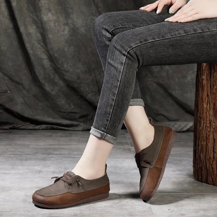 Retro Color-Block Stitching Leather Casual Flats Shoes 35-41