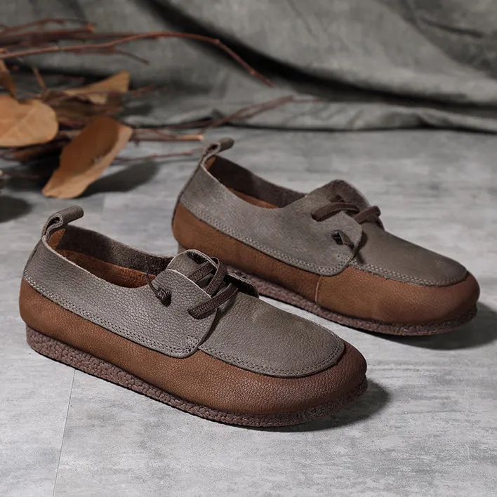 Retro Color-Block Stitching Leather Casual Flats Shoes 35-41