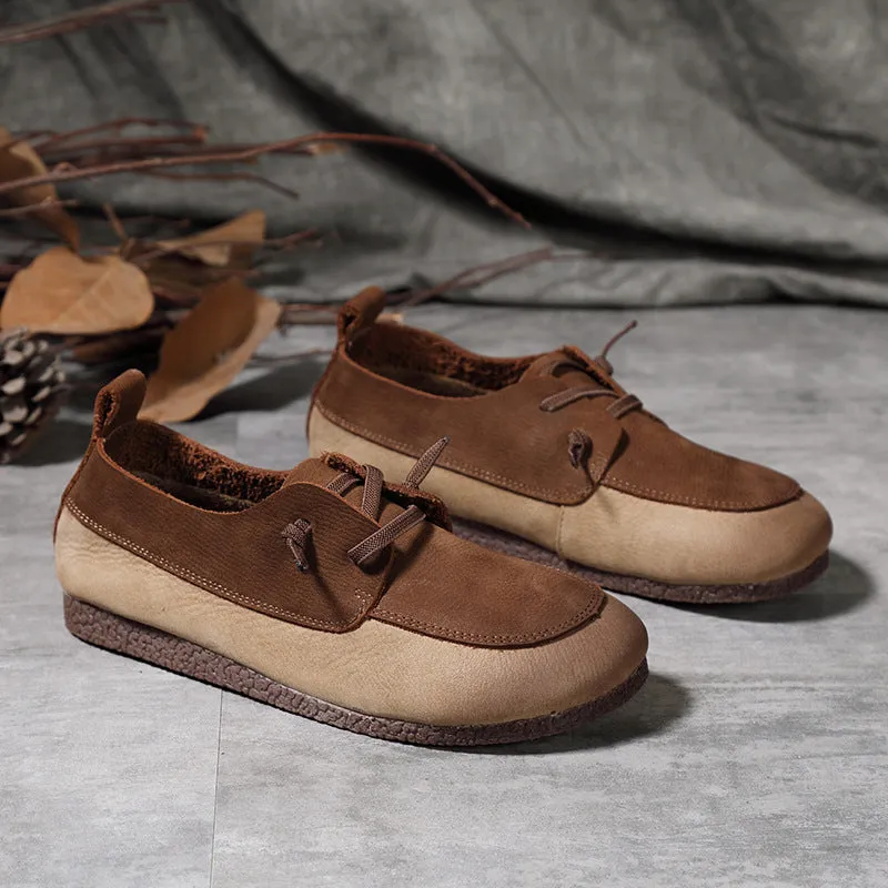 Retro Color-Block Stitching Leather Casual Flats Shoes 35-41