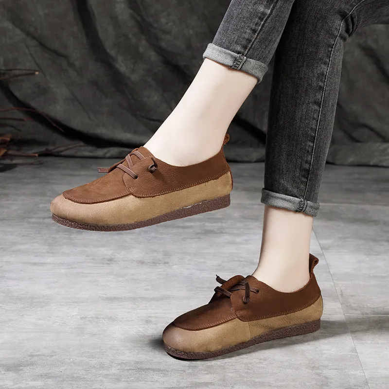 Retro Color-Block Stitching Leather Casual Flats Shoes 35-41