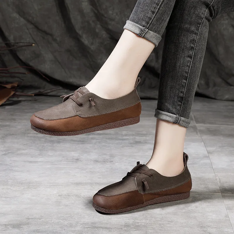 Retro Color-Block Stitching Leather Casual Flats Shoes 35-41