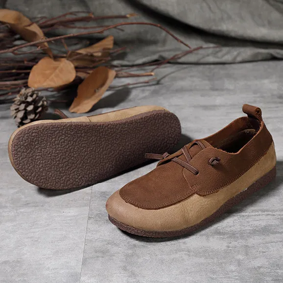 Retro Color-Block Stitching Leather Casual Flats Shoes 35-41