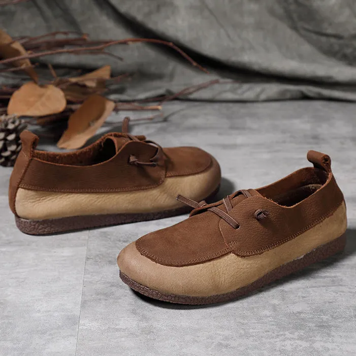 Retro Color-Block Stitching Leather Casual Flats Shoes 35-41