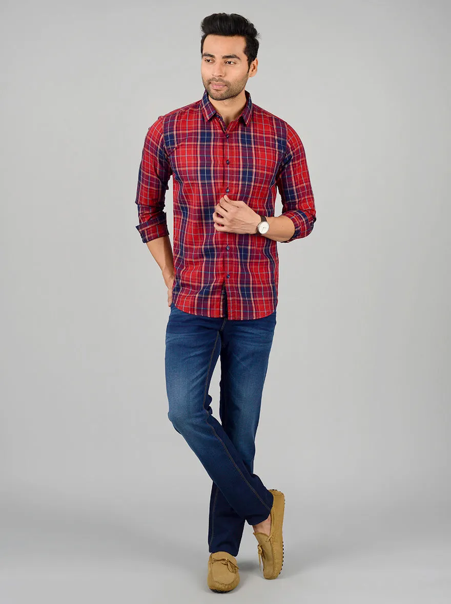 Ribbon Red Checked Slim Fit Casual Shirt | JadeBlue
