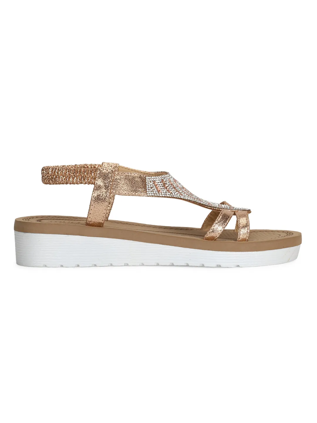 Rose Gold Met Diamante Double Strap Platform Slip-On Sandals