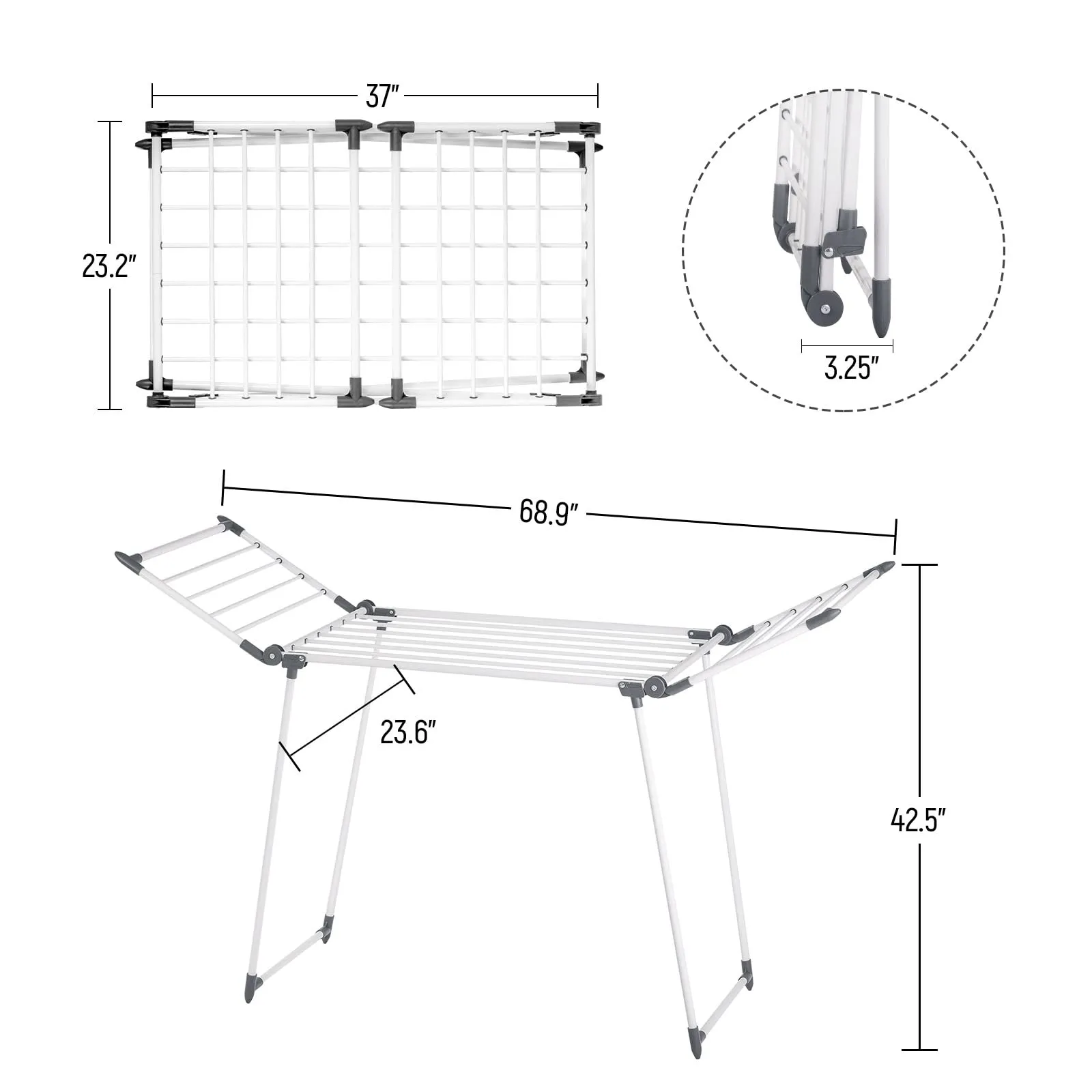 Space-Saving Gray Gullwing Clothes Drying Rack with Sock Clips