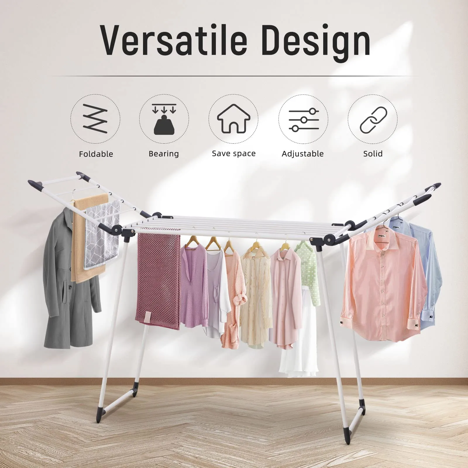 Space-Saving Gray Gullwing Clothes Drying Rack with Sock Clips