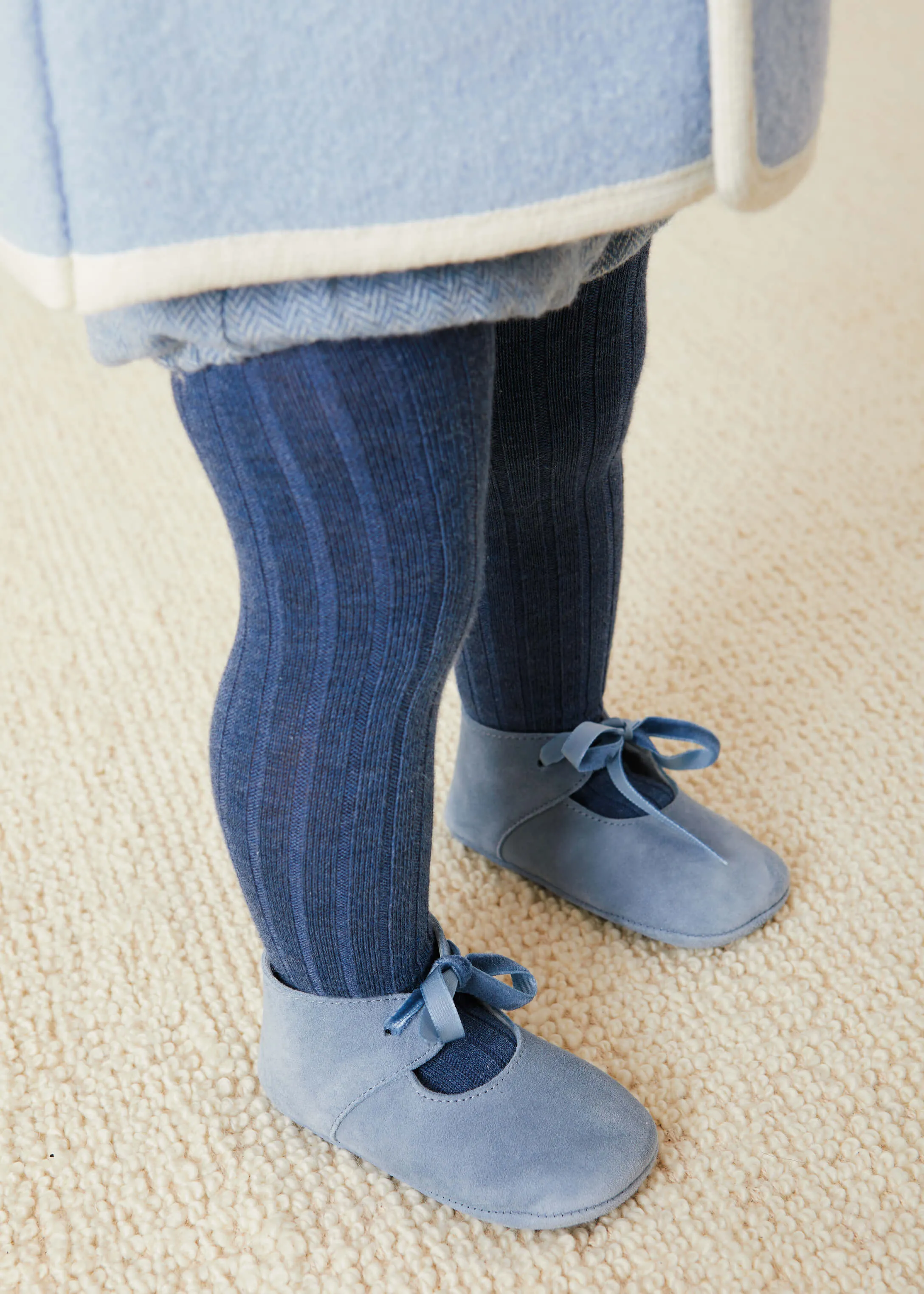 Suede Velvet Ribbon Pram Shoes in Blue (17-21 EU)