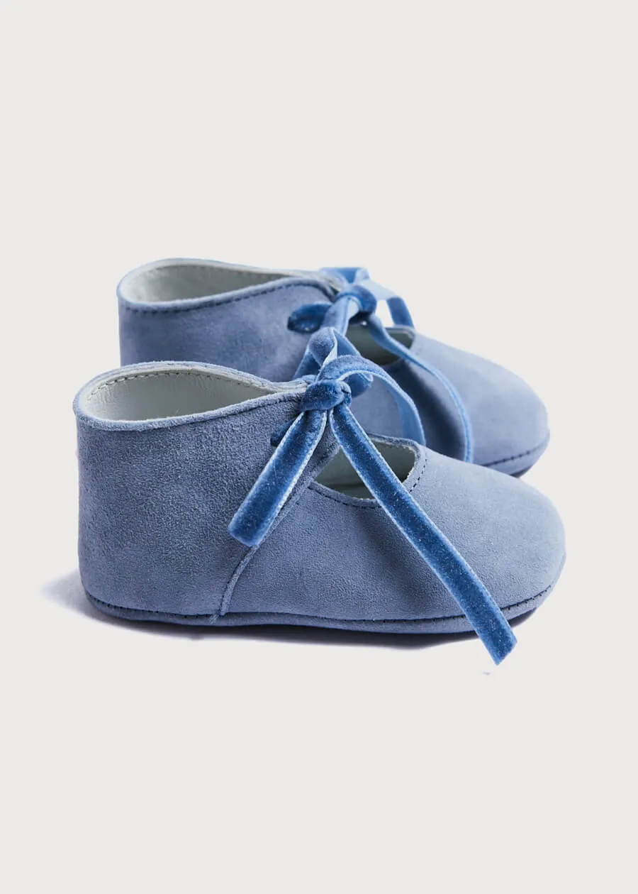 Suede Velvet Ribbon Pram Shoes in Blue (17-21 EU)