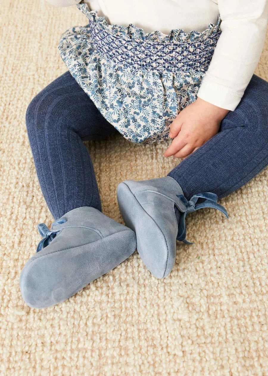 Suede Velvet Ribbon Pram Shoes in Blue (17-21 EU)