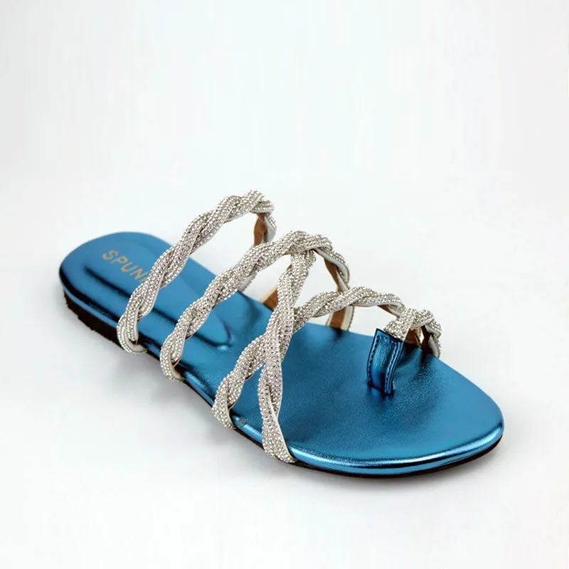 Vibrant Toe Ring Flats Twisted Braid Shiny Casual Slippers