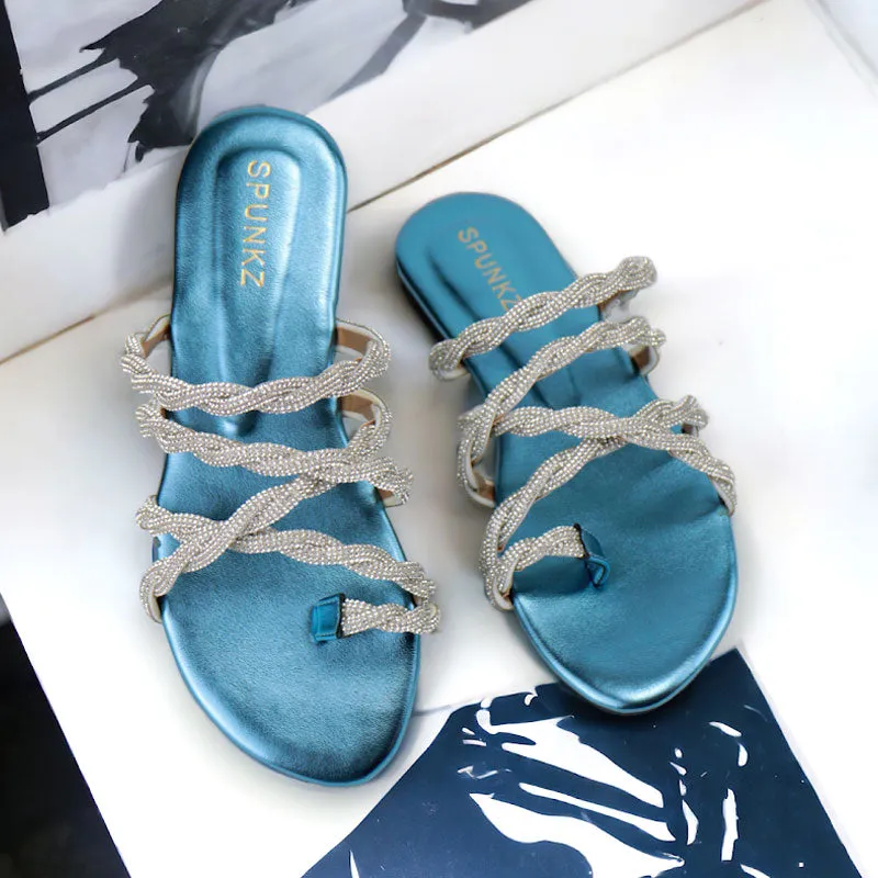 Vibrant Toe Ring Flats Twisted Braid Shiny Casual Slippers