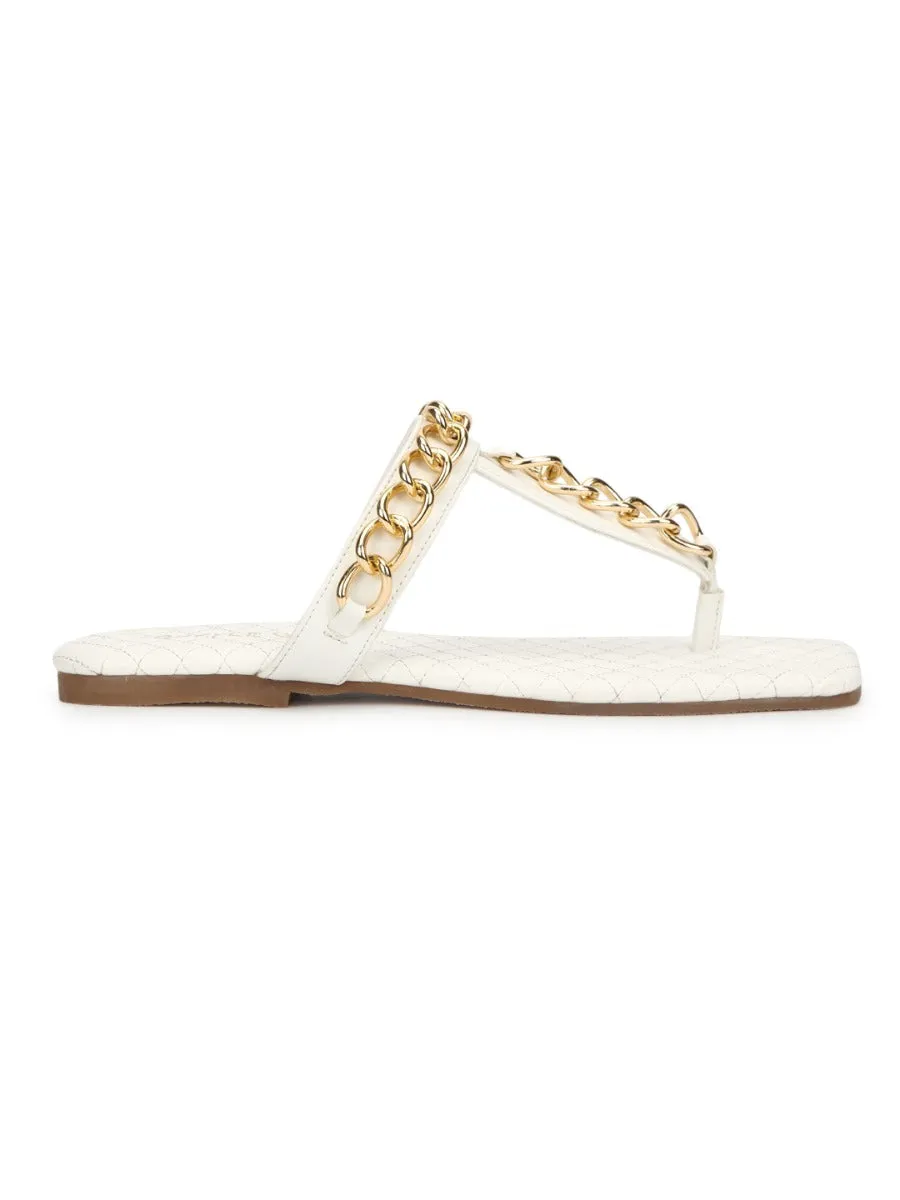 White PU Flip Flops With Gold Chain