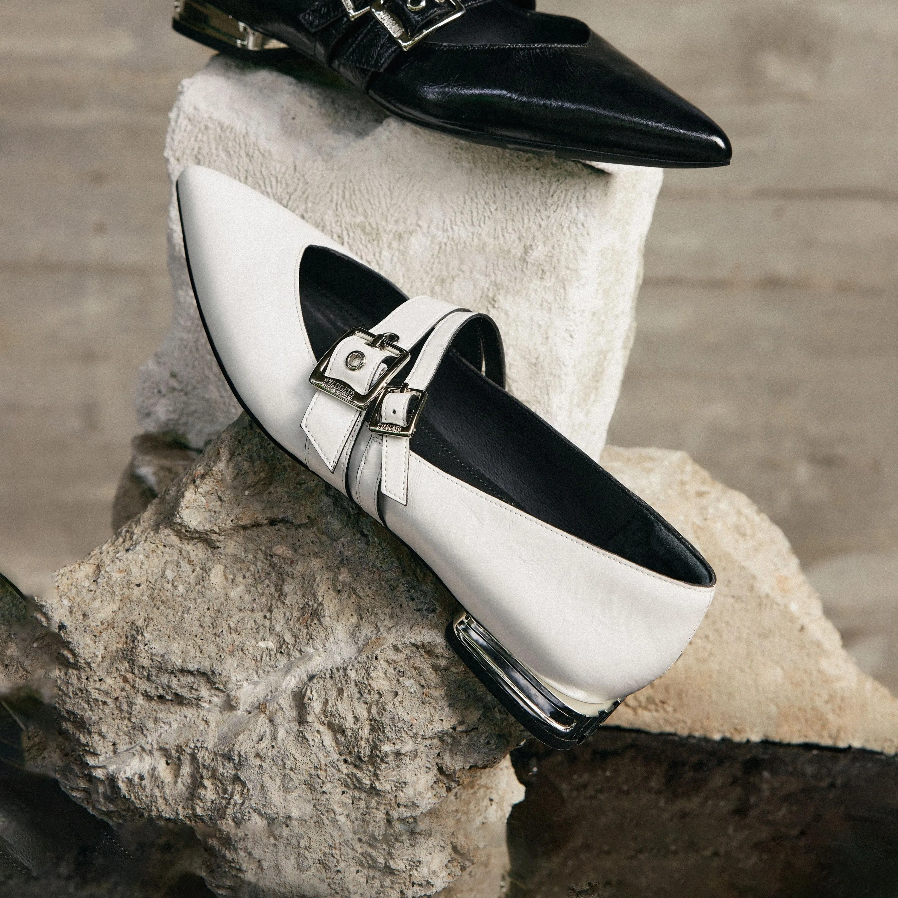White Wrinkle Leather Strappy Pointy Flats