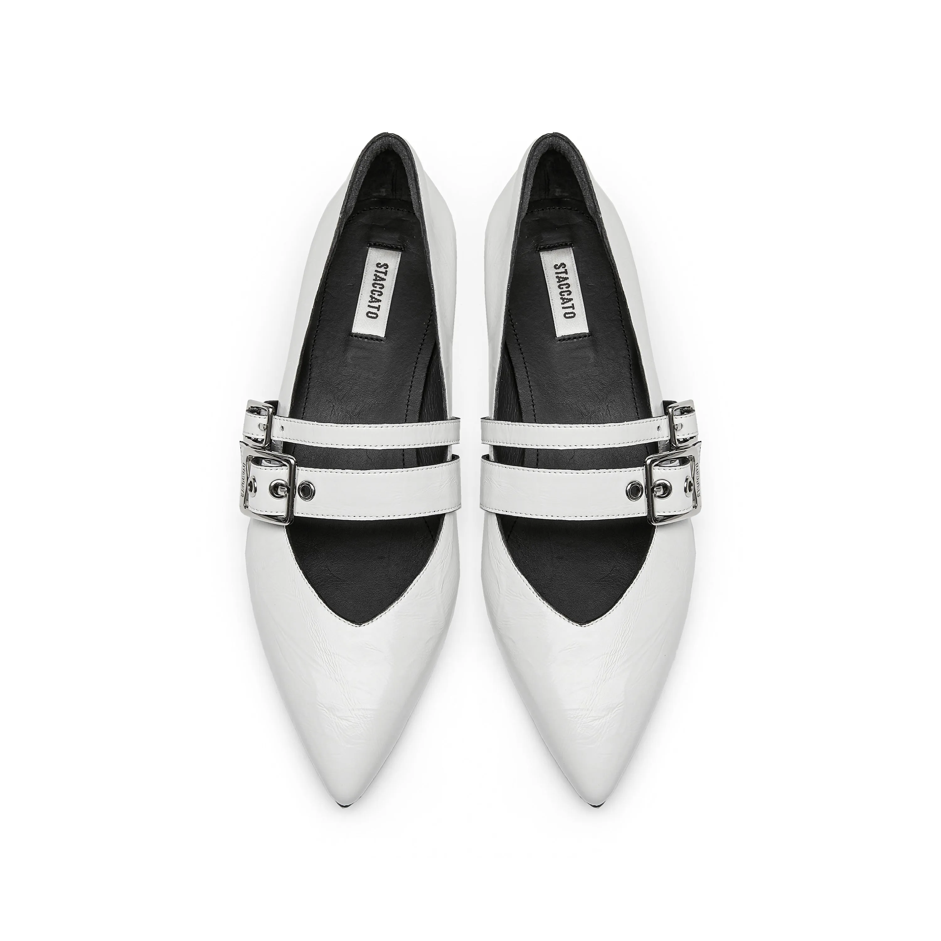 White Wrinkle Leather Strappy Pointy Flats