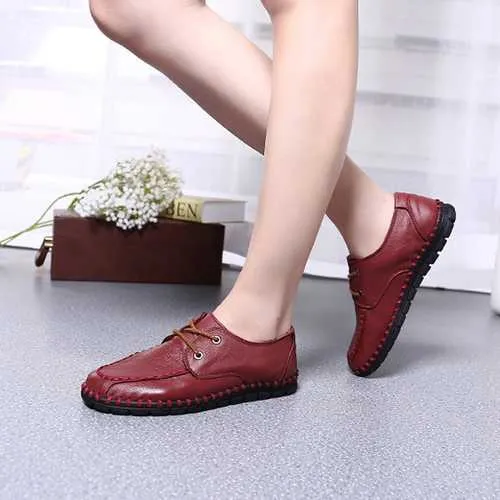 Women Leather Shoes Lace Up Soft Casual Outdoor Flat Loafers