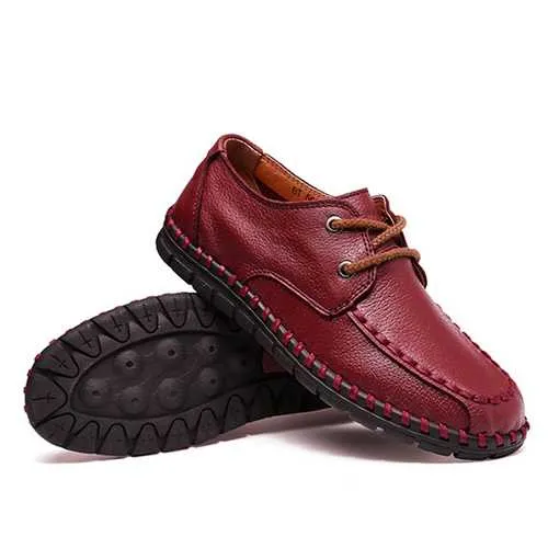 Women Leather Shoes Lace Up Soft Casual Outdoor Flat Loafers