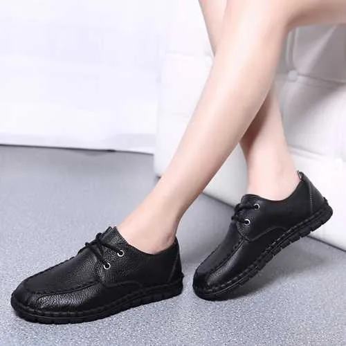 Women Leather Shoes Lace Up Soft Casual Outdoor Flat Loafers